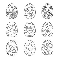 Easter Eggs collection. Set of Easter eggs simple line illustrations with ornaments. Coloring pages design