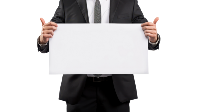 Businessman showing blank paper with transparent background