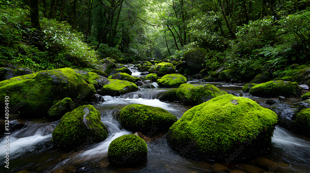 Poster lush green stream flowing through a forest with moss covered rocks and sunlight filtering through th