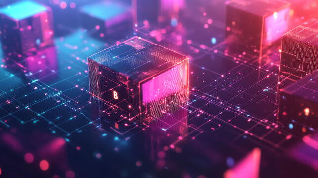 Blockchain concept banner. Isometric digital blocks connection with each other and shapes crypto chain. Blocks or cubes, connection consists digits. Abstract technology background. Vector illustration
