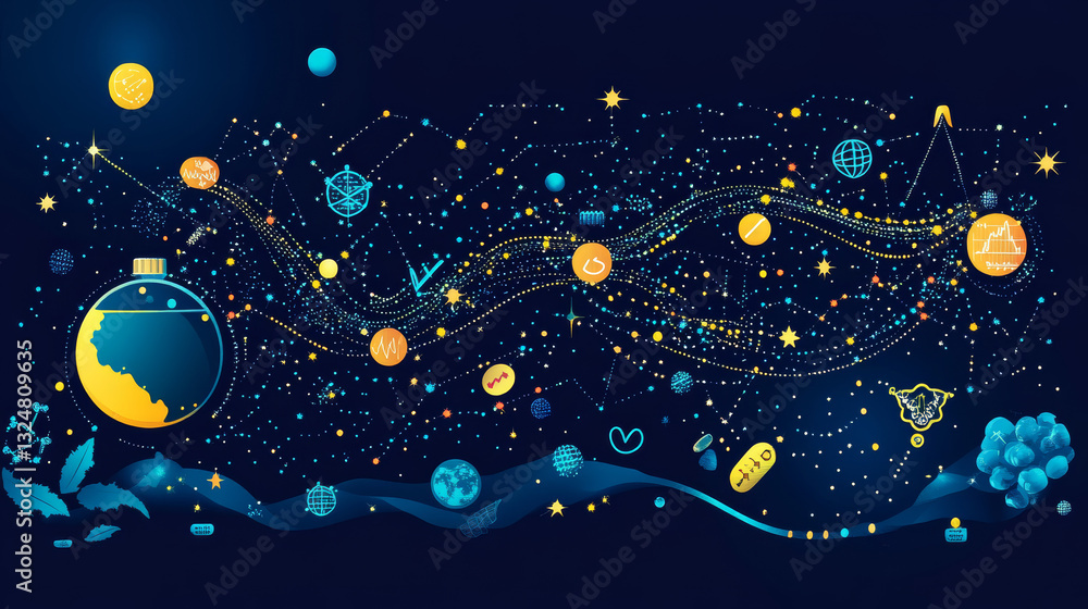 Poster abstract image of a diet and weight and exercise in the form of a starry sky or space, consisting of