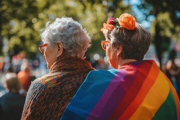 Two senior women embracing, draped in rainbow flag, attending a pride event, symbolizing inclusivity and lgbtq rights