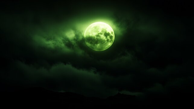 Green Moon Night Sky Clouds Atmospheric Dark Evocative