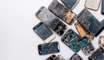 Pile of broken smartphones with cracked screens.  Digital graveyard of damaged devices.