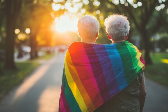 Senior gay couple walking together in a park at sunset, wrapped in a rainbow flag symbolizing lgbtq pride and love