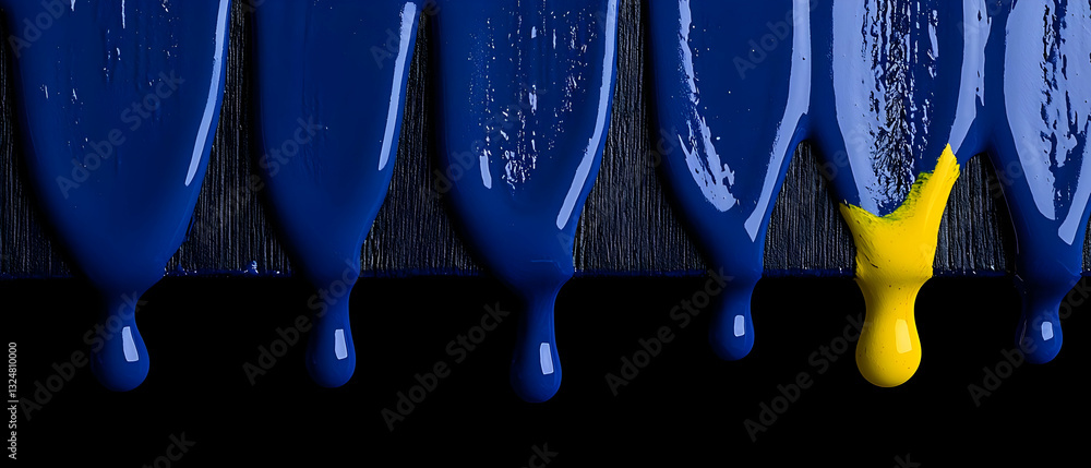 Poster dark blue and yellow paint dripping down a black background forming abstract shapes with a smooth gr