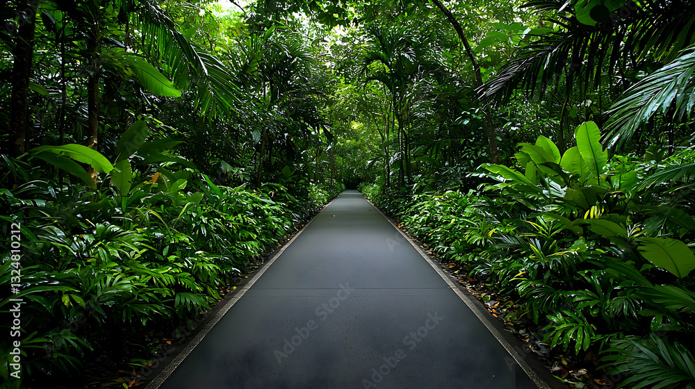 Poster empty pathway through lush green forest with dense foliage and sunlight creating shadows
