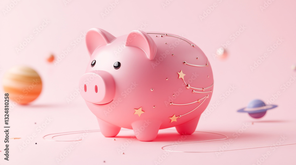 Poster abstract image of a piggy bank in the form of a starry sky or space, consisting of points, lines, an