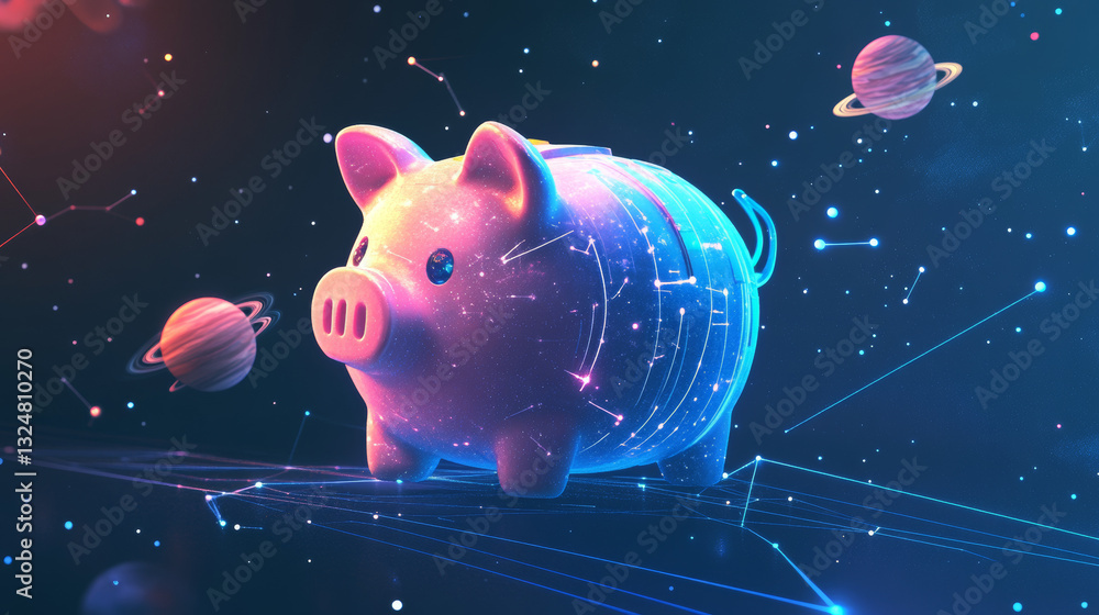 Poster abstract image of a piggy bank in the form of a starry sky or space, consisting of points, lines, an