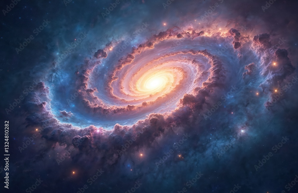Poster spectacular spiral galaxy with glowing golden core, stars in outer space. nebula with cosmic dust cl
