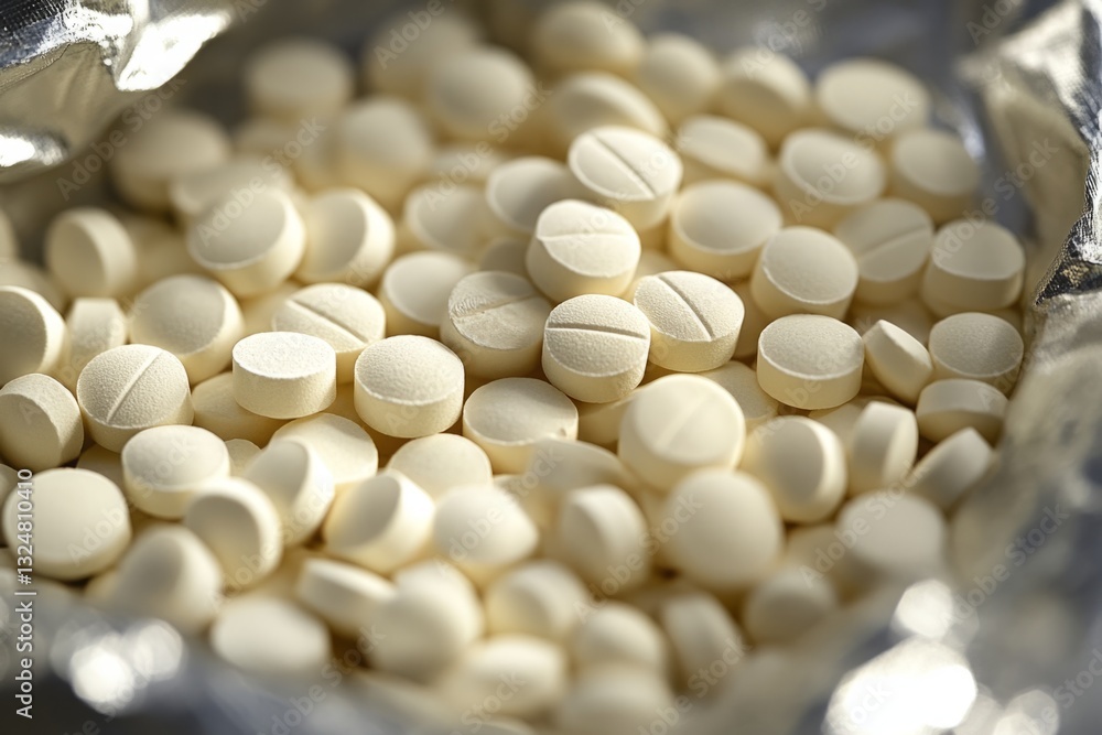 Poster numerous round white pills are spilling from a silver package, creating a large pile and emphasizing