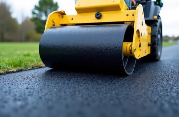 Fototapeta premium An asphalt roller compacts asphalt pavement before a new road is put into operation