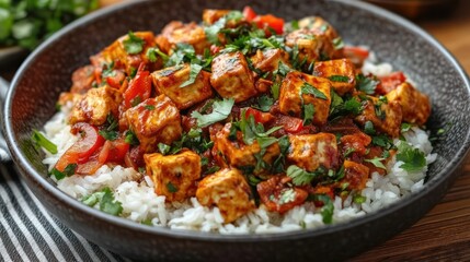 Fototapeta premium Spicy tofu curry over rice, garnished, on dark plate