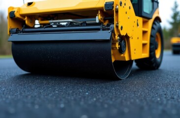 An asphalt roller compacts asphalt pavement before a new road is put into operation