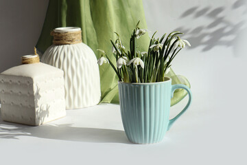 Still life with snowdrops: a bouquet of snowdrops on a light background, white dishes nearby