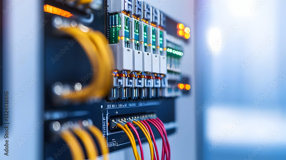 Poster close up view of electrical control panel with cables and electronic components illuminated by blue 