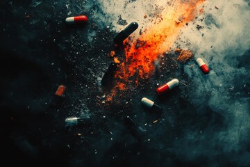 Colorful pills burning in fire and smoke, representing the dangers of drug addiction