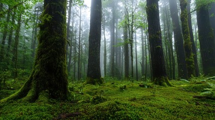 Fototapeta premium A serene forest filled with towering trees covered in moss, enveloped in mist. The lush undergrowth creates a tranquil atmosphere, inviting exploration on a cool day