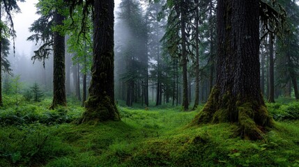 Obraz premium Dark green trees stretch towards the gray sky in a dense forest. Moss-covered ground and fog create a serene, magical environment in the early morning light