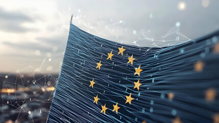 Digital Waving European Union Flag With Binary Code Overlay Over Blurred Cityscape Background