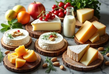 detailed view diverse milk products displayed various textured surfaces rich color contrast, butter, cheese, cream, yogurt, cottage, mozzarella, gouda