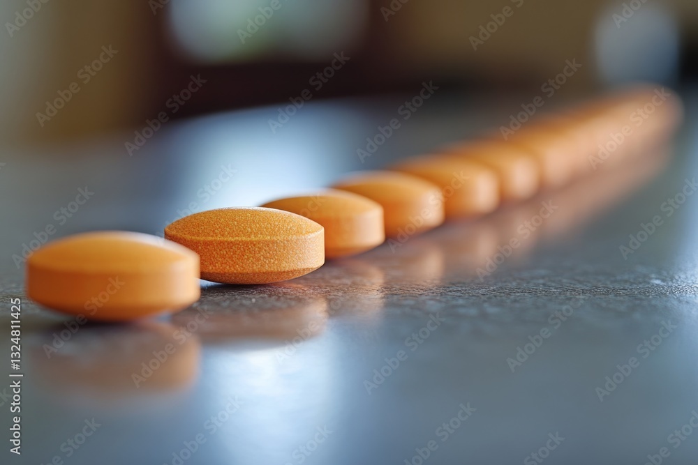 Aufkleber orange pills arranged in a diagonal line on a reflective surface, creating a receding perspective
