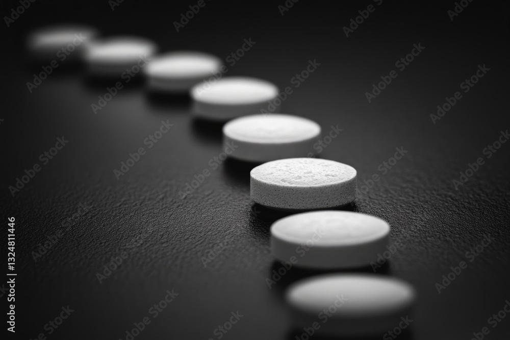 Poster white pills are forming a diagonal line on a textured black surface, creating a stark contrast