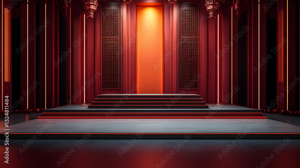 Poster red lit stage with geometric design illuminated by vertical lights and shadowed hallway with reflect