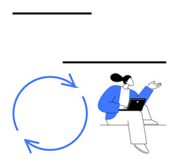 Woman seated with laptop gestures in conversation beside blue circular arrows. Ideal for collaboration, workflow, communication, project management, brainstorming, process, teamwork. Flat simple