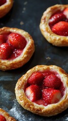 Delicious strawberry tarts with fresh berries on rustic table