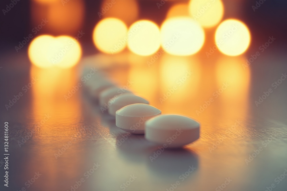 Poster white pills are forming a line on a reflective surface with bokeh lights in the background
