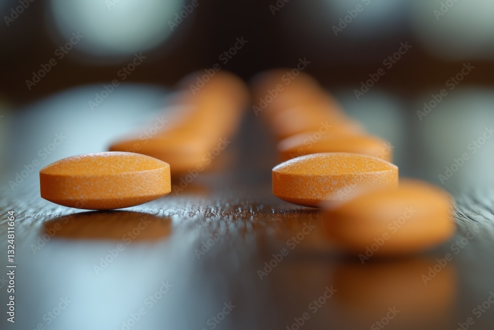 Poster orange pills arranged in converging lines on a dark wooden surface, creating a powerful visual of me
