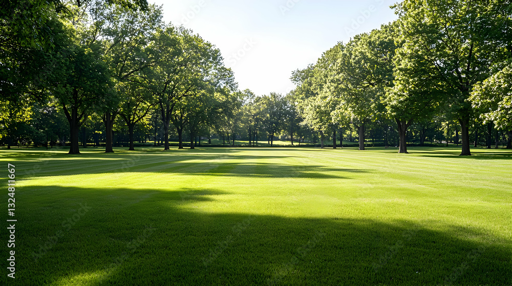 Poster lush green park with sunlight filtering through tree canopy and casting shadows on grass field