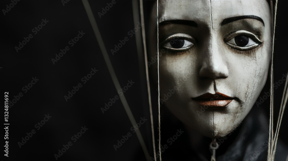 Poster puppet. marionette on a string. low poly wireframe vector illustration on dark blue background. addi
