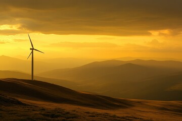 Obraz premium Lone wind turbine stands proudly on a hilltop during a golden sunset in a tranquil landscape Generative AI