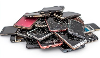 A pile of broken smartphones in various colors and states of disrepair.  Recycling or disposal concept.