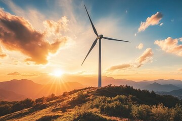 Obraz premium Lone wind turbine on a hilltop with sunset casting warm colors over the landscape Generative AI