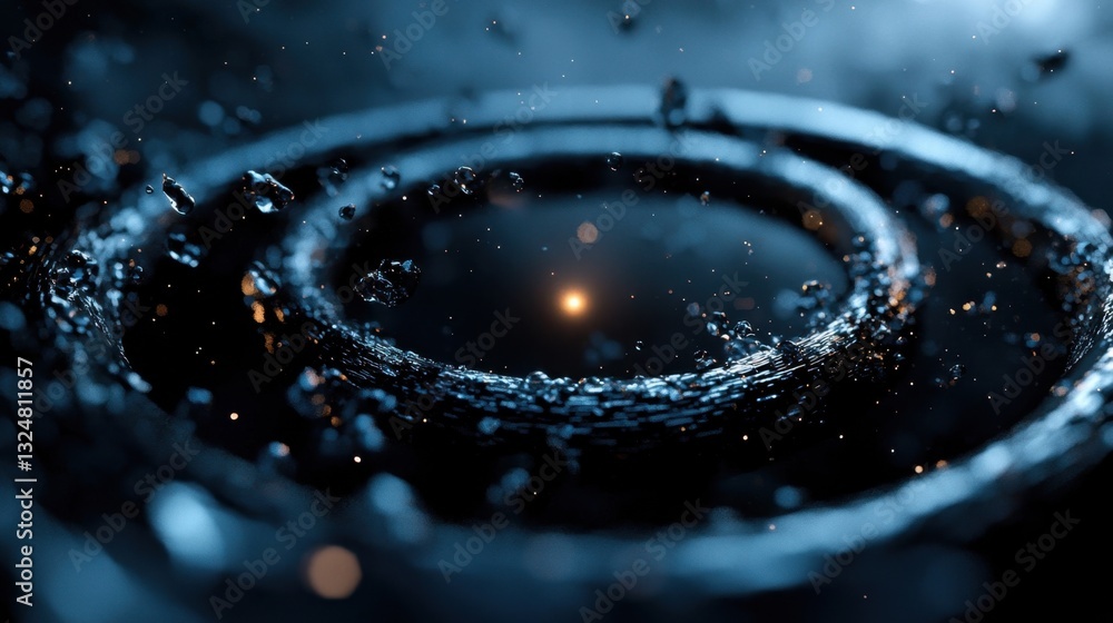 Poster water droplets create a beautiful circular ripple effect in a dark environment, highlighted by subtl