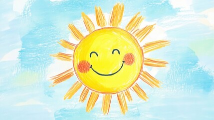 Cheerful smiling sun illustration with radiant beams on a bright blue sky