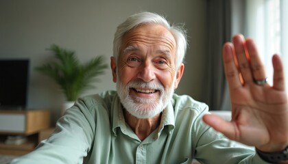 Senior grandfather man making online selfie video call. Talking, waving hand looking at camera at home apartment indoors. Communication, meeting with family, friends. Elderly blogger using smartphone