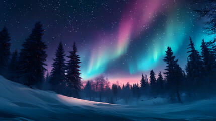 Vivid auroras illuminate a snowy forest beneath a starry night. Glacial Glow. Illustration