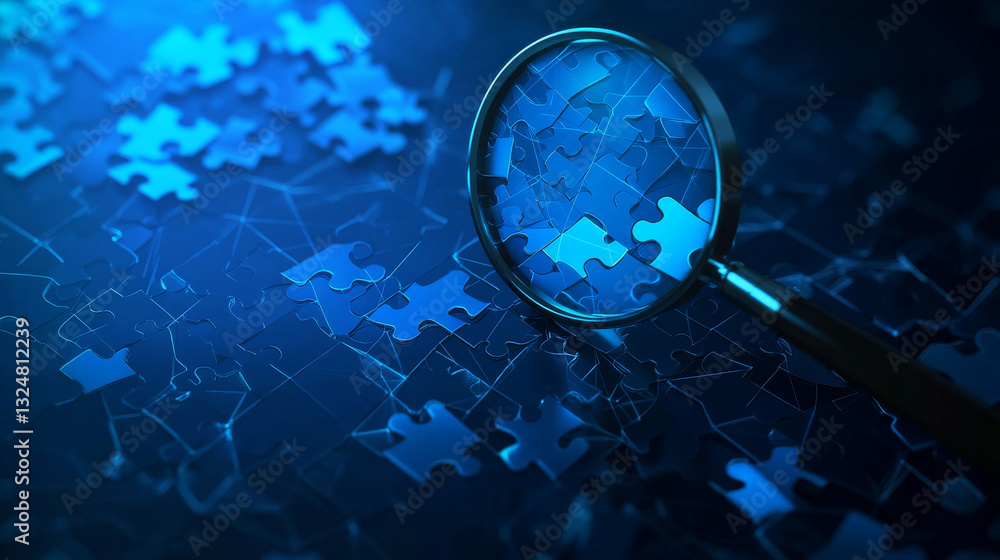 Poster puzzle piece and magnifying isolated from low poly wireframe on dark blue background. business and t