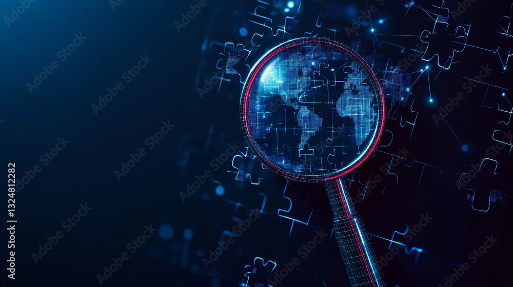 Poster puzzle piece and magnifying isolated from low poly wireframe on dark blue background. business and t