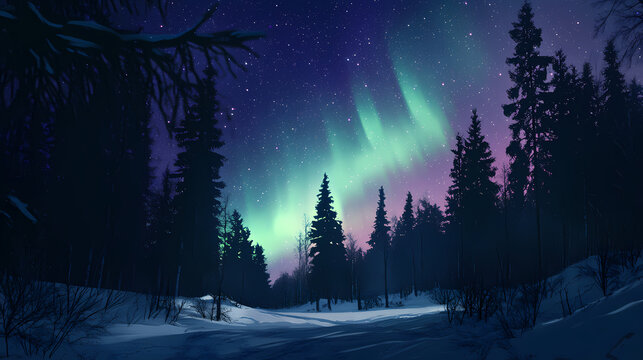 Vivid auroras illuminate a snowy forest beneath a starry night. Glacial Glow. Illustration