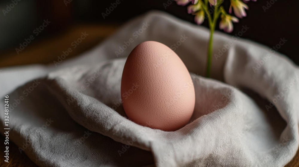 Poster a pink egg is carefully placed on a crumpled linen cloth. soft lighting accentuates its smooth surfa