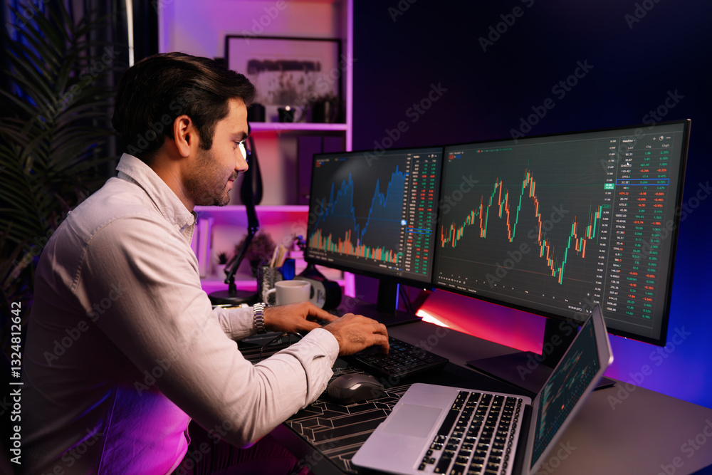 Poster smart trader businessman concentrating on dynamic stock exchange investment on pc and laptop showing