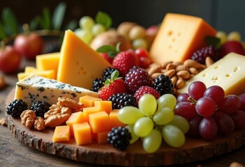 vibrant colorful cheese platter arrangement featuring assorted artful presentation, appetizers, almonds, attractive, berries, board, cashews, combination