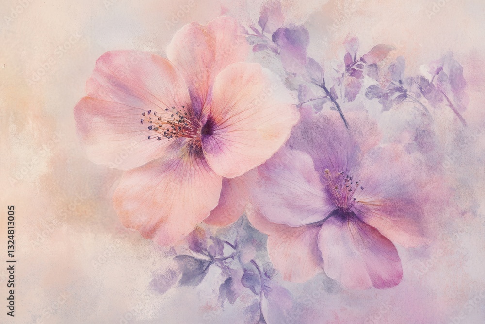 Poster soft floral blooms in pastel pink and lavender on a delicate background with a gentle fade for text 