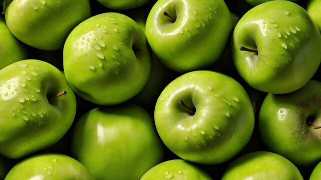 A close-up view of fresh green apples with water droplets, showcasing their vibrant color. Green apples for texture and background.