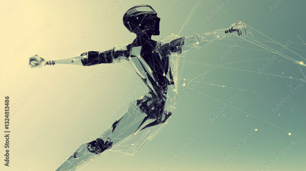 Poster abstract ballplayer with cybernetic particles. polygonal digital background. point and curve constru